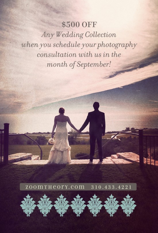 Wedding photography discount offer with bride and groom silhouetted
