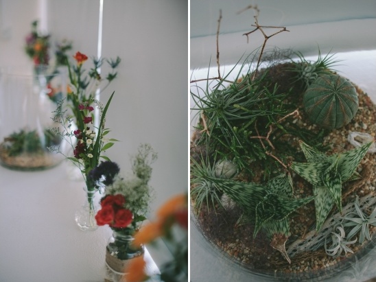 Flowers and succulents in glass containers