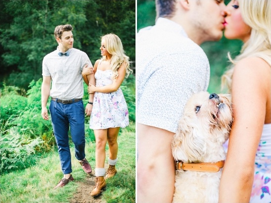 Couple engagement photo with dog in nature