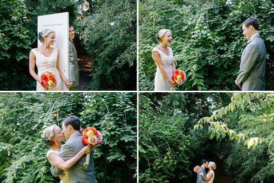 Bride and groom share first look in lush garden setting