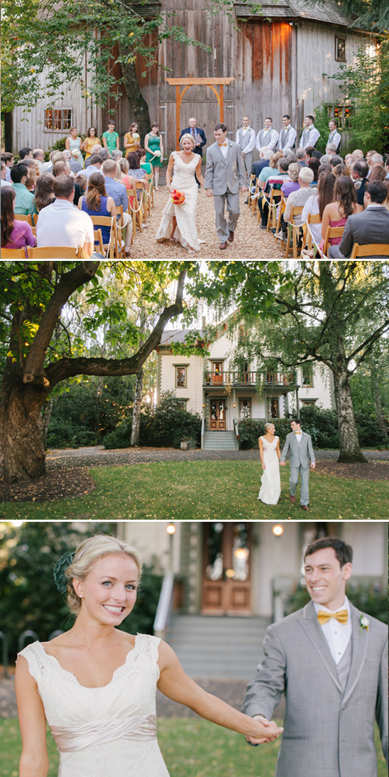 Bride and groom walk down aisle after outdoor wedding