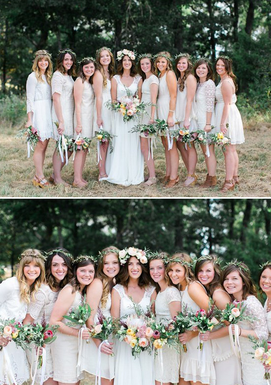 Bride and bridesmaids in white dresses floral crowns