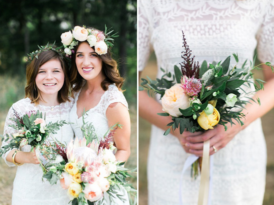 Brides with floral crowns and bouquets in white dresses