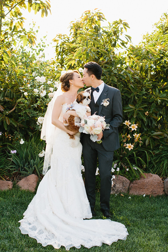 Bride and groom share a kiss with their dog wedding photo