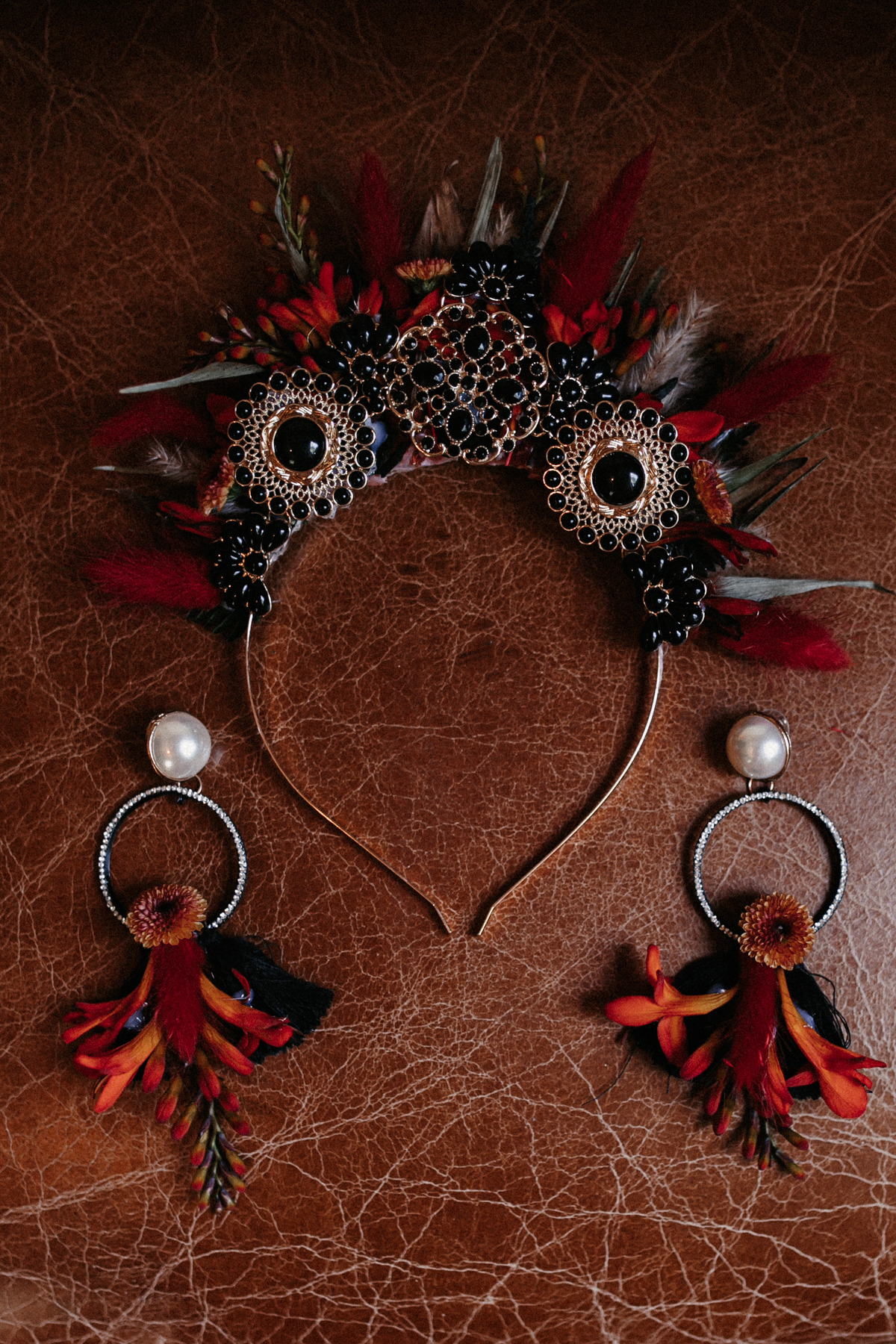Floral crown headband and earrings set in red and black